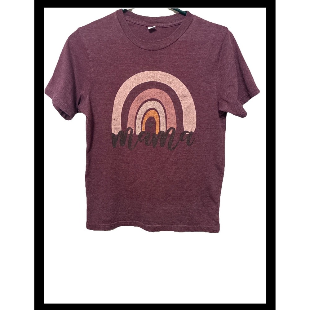 Mama Rainbow Graphic Tee Shirt Womens Small Heather Burgundy Maroon Short Sleeve